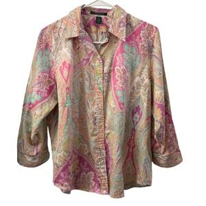 Lauren Ralph Lauren Petite Paisley Print Button Down Shirt Women's Size PL Retro